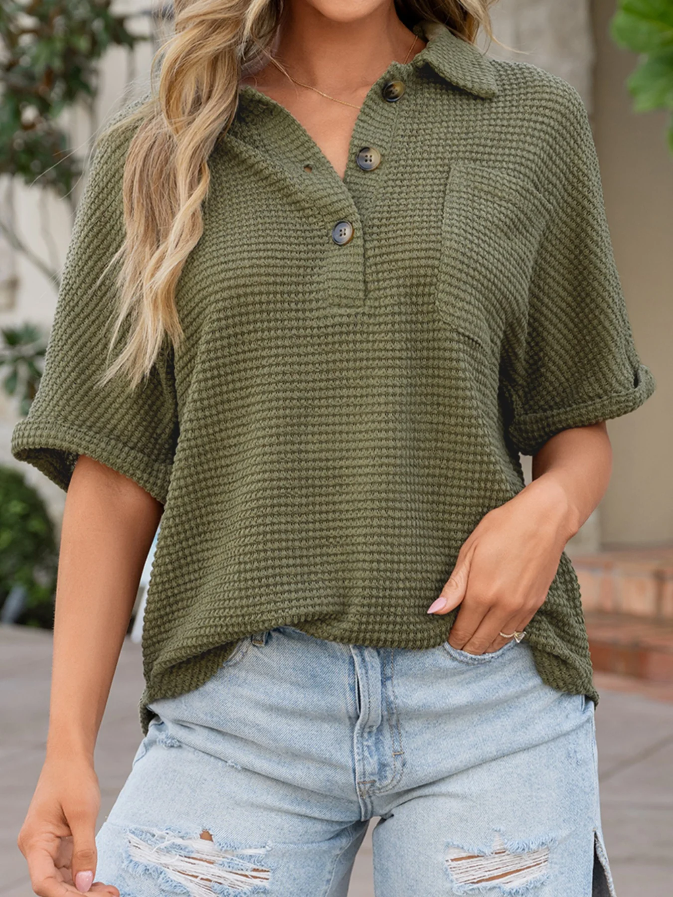 Textured Knit Button Detail Top - Image 8