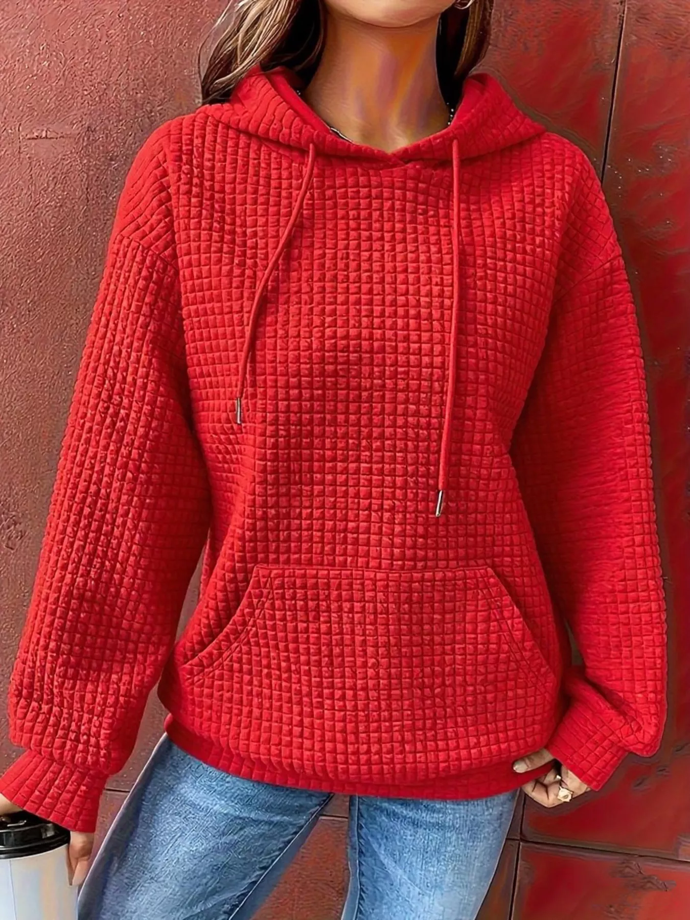 Textured Knit Drawstring Hoodie - Image 4