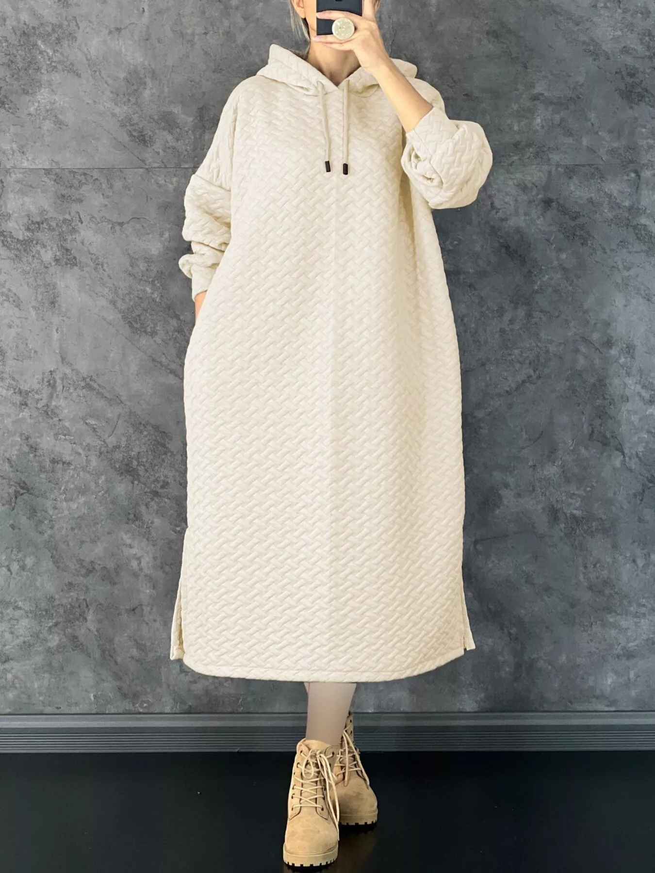 Textured Knit Hoodie Dress with Side Slit - Image 2