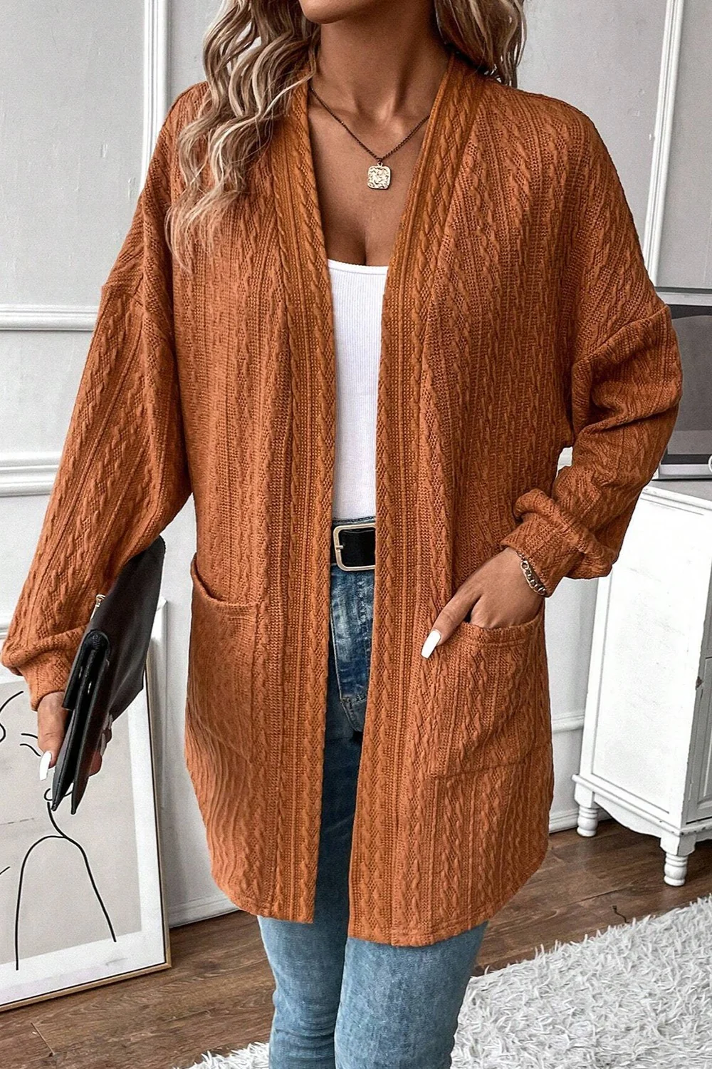 Textured Knit Open Front Cardigan - Image 4