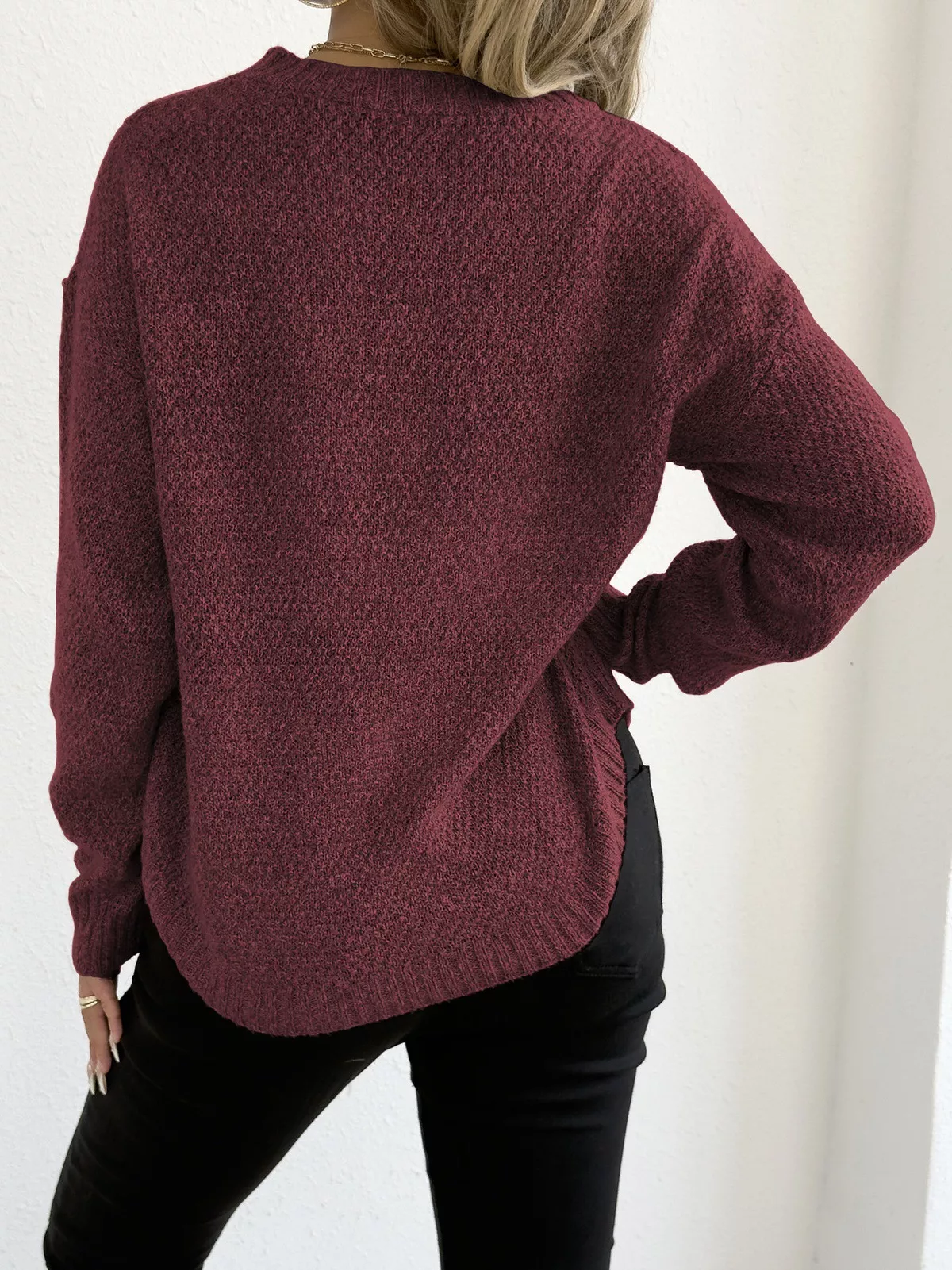 Textured Knit Relaxed Fit Round Neck Sweater - Image 25