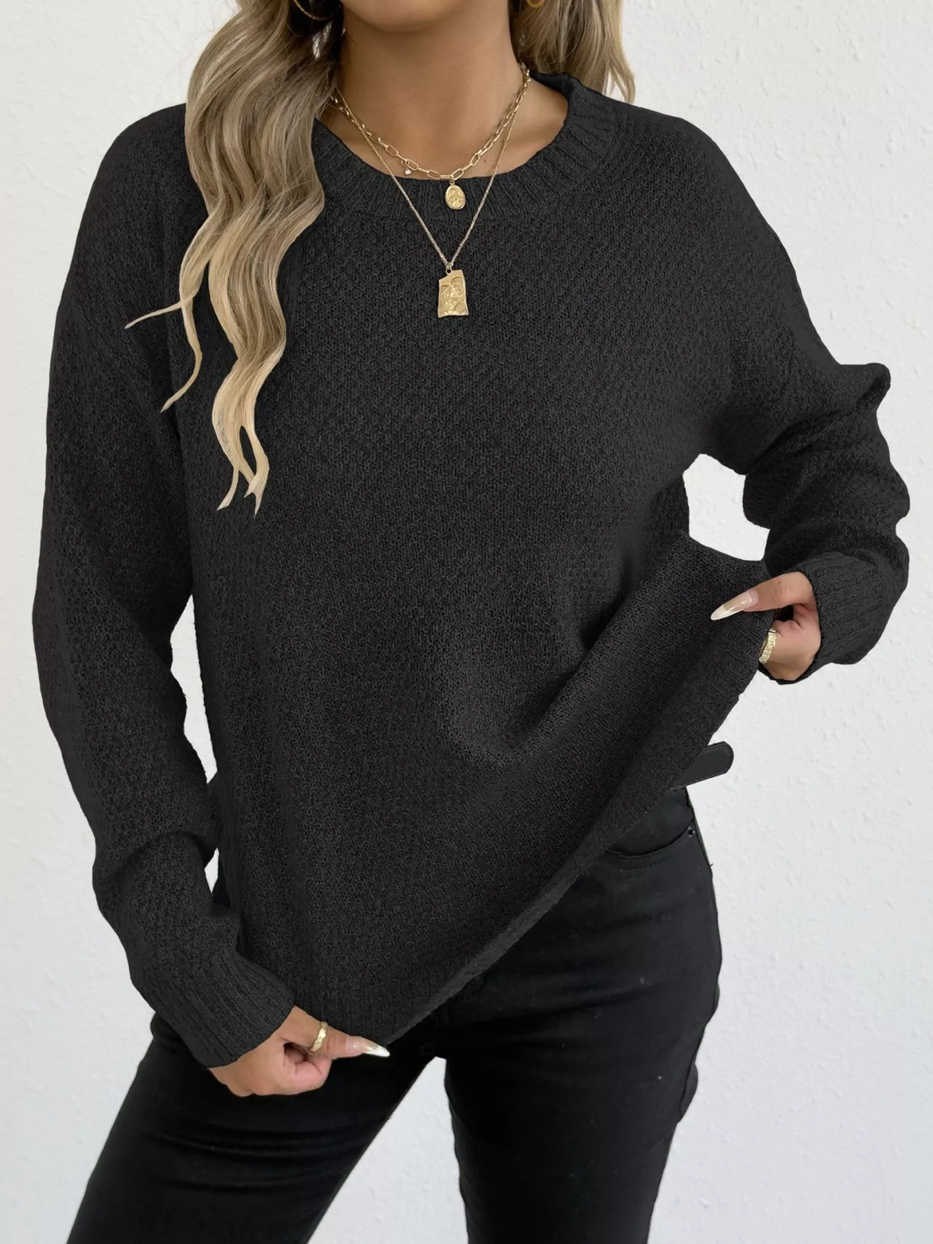 Textured Knit Relaxed Fit Round Neck Sweater - Image 7
