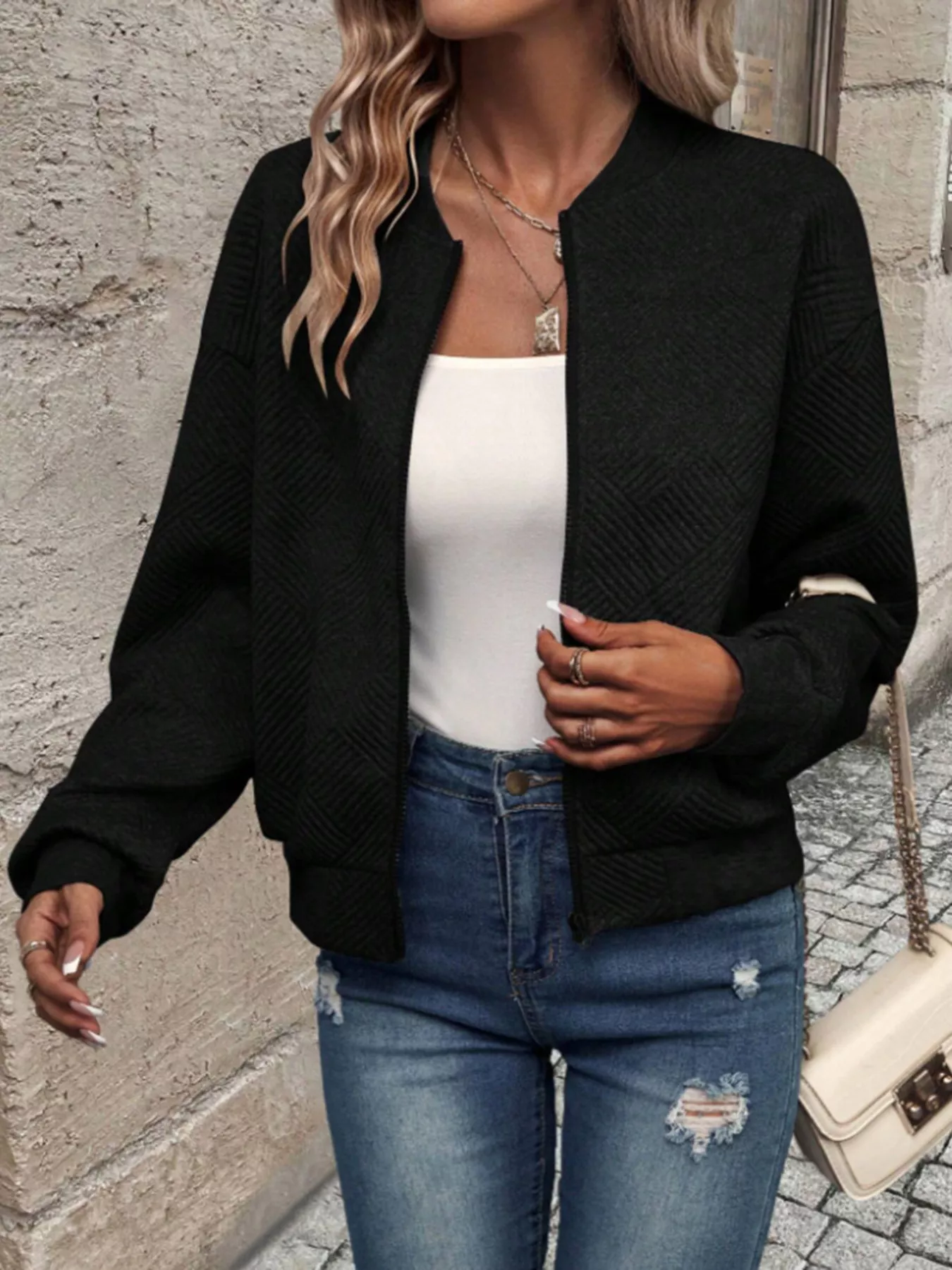 Textured Knit Zip-Up Bomber Jacket - Image 13