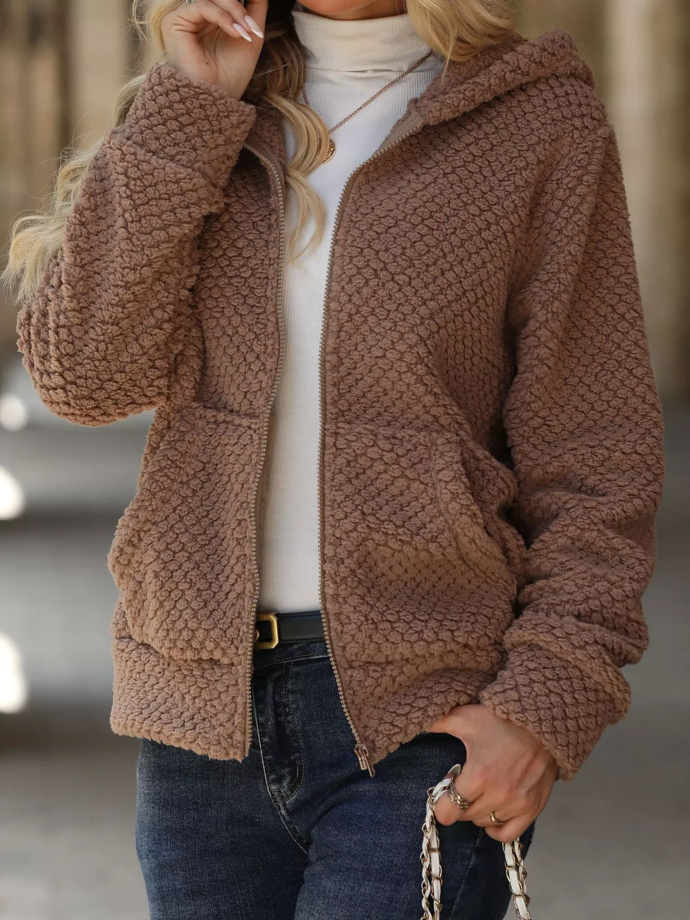 Textured Knit Zip-Up Hooded Outerwear - Image 2