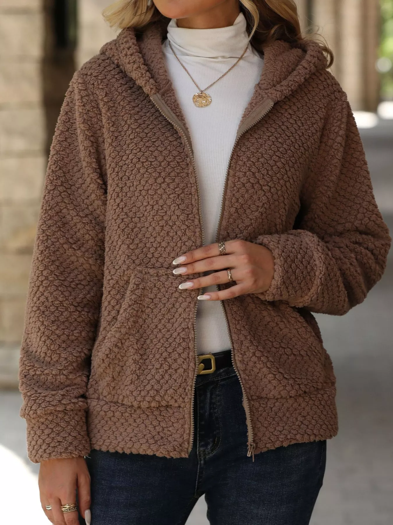 Textured Knit Zip-Up Hooded Outerwear - Image 4