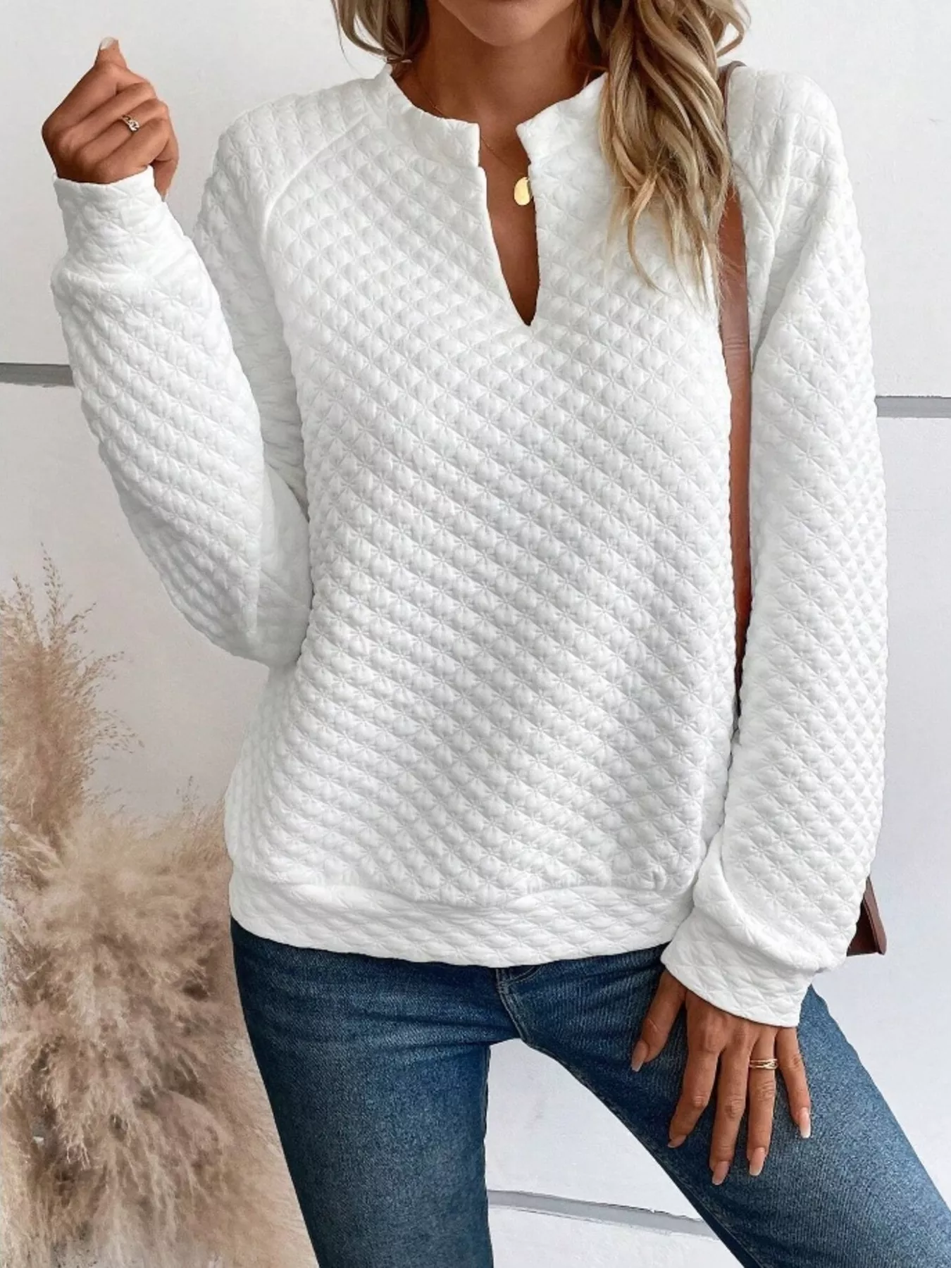 Textured Long Sleeve Notched Sweatshirt - Image 2