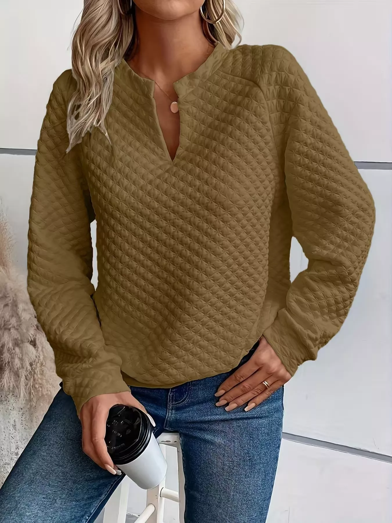 Textured Notched Raglan Sleeve Sweatshirt - Image 14