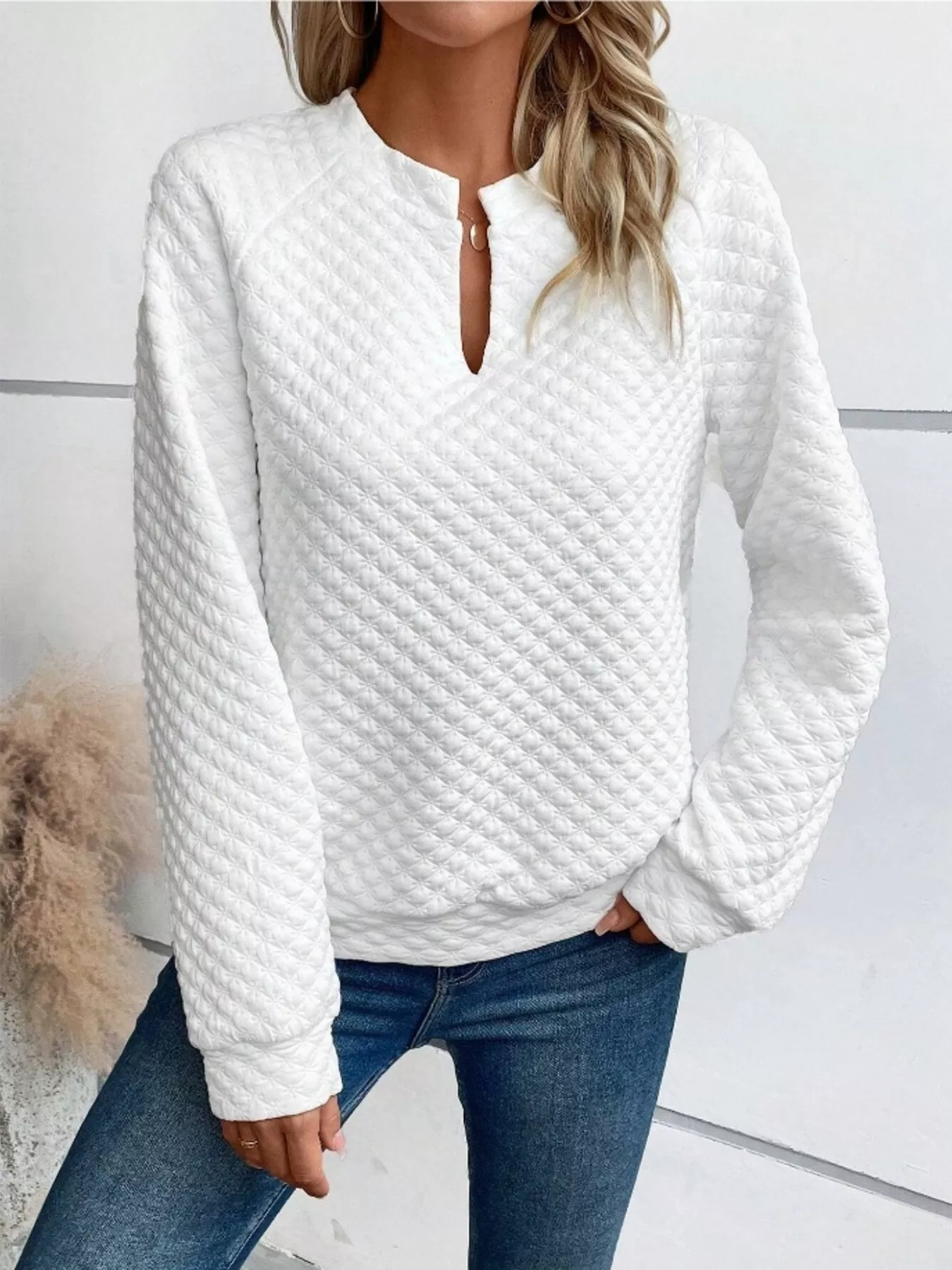Textured Notched Raglan Sleeve Sweatshirt - Image 2