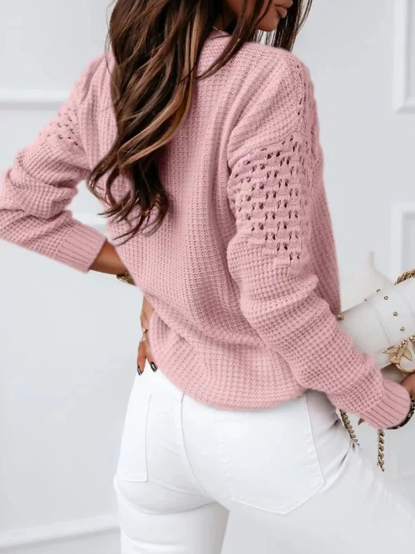 Textured Openwork Round Neck Sweater - Image 2