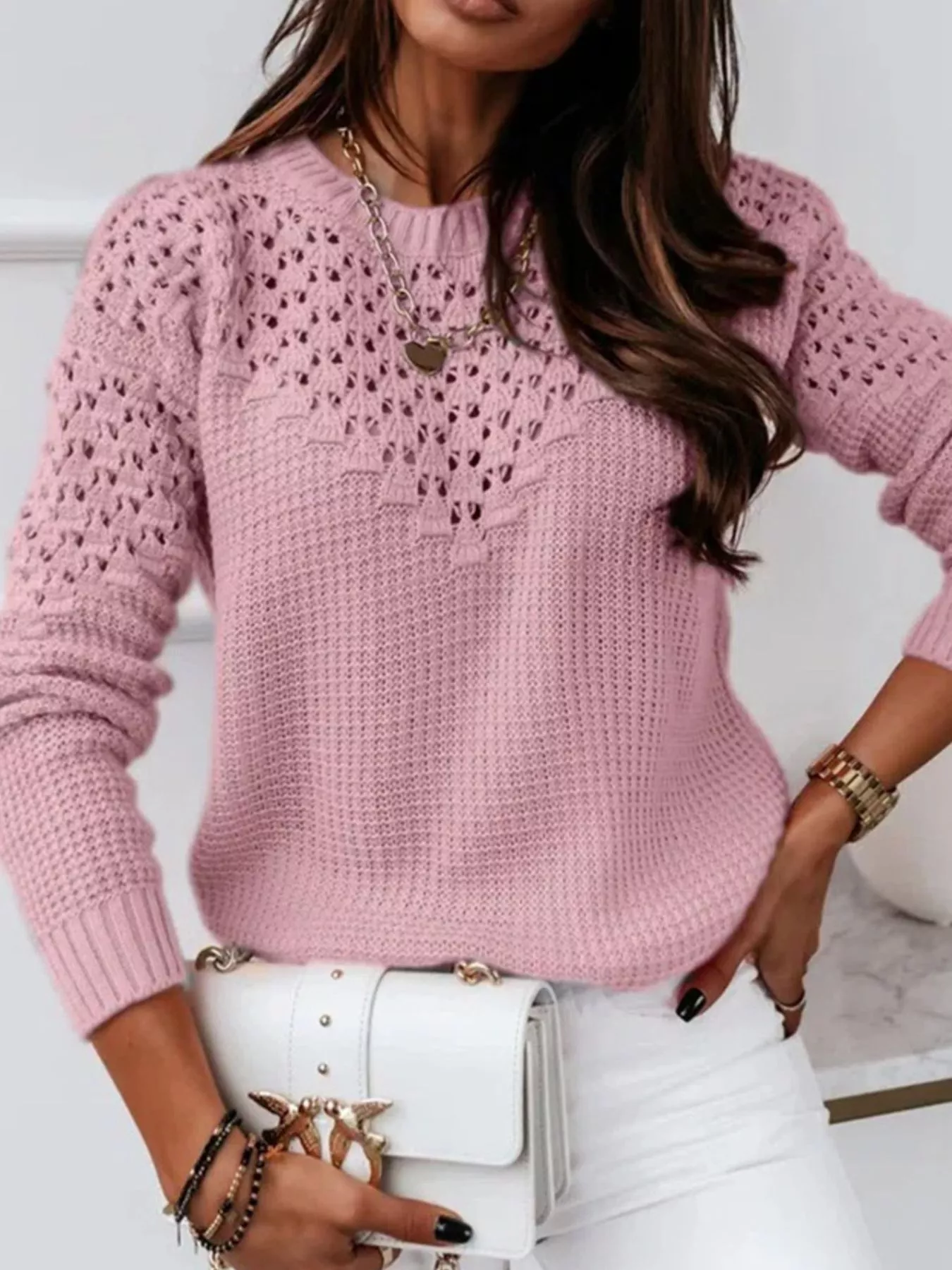 Textured Openwork Round Neck Sweater - Image 3