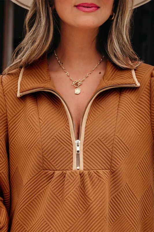 Textured Quarter Zip Collar 3/4 Sleeve Mini Dress - Image 4