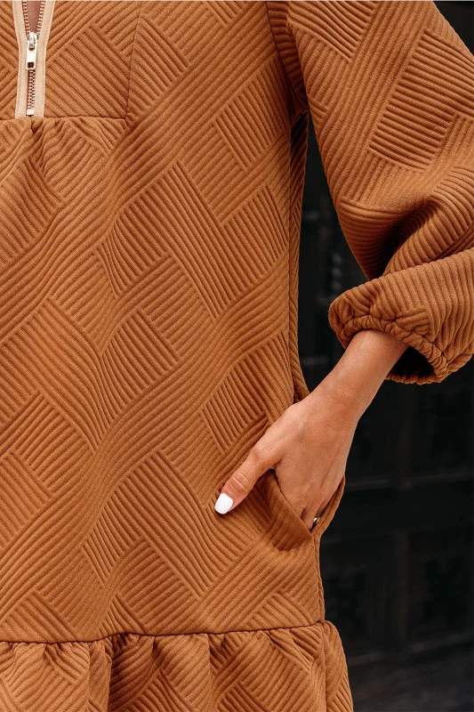 Textured Quarter Zip Collar 3/4 Sleeve Mini Dress - Image 5