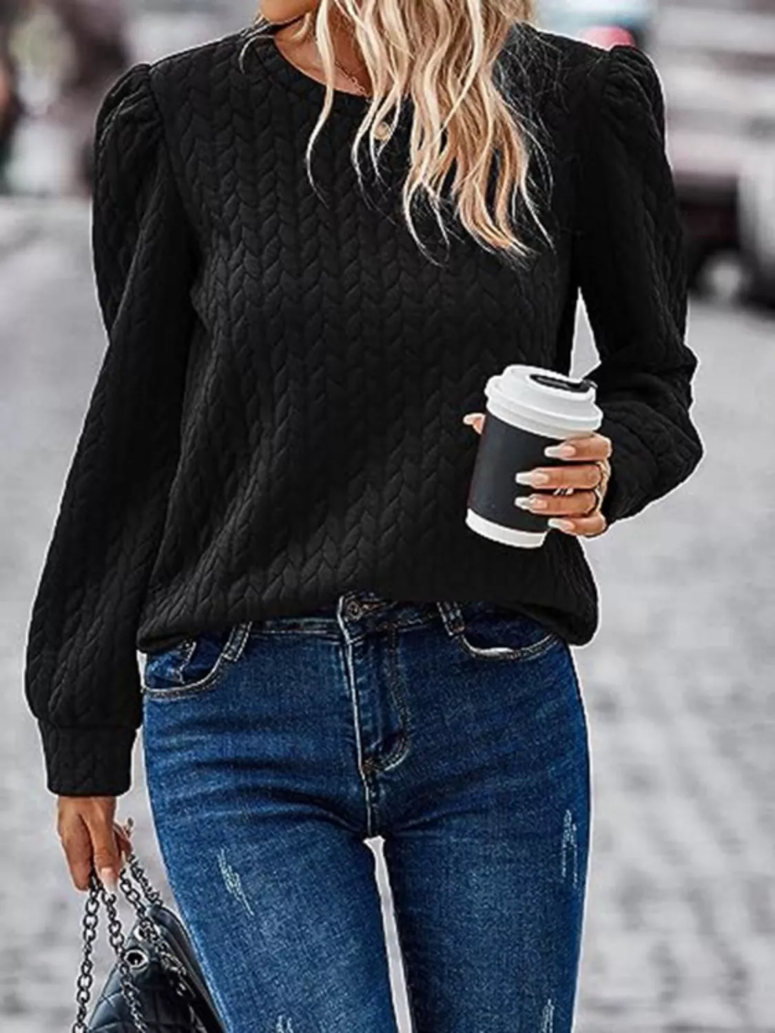 Textured Round Neck Long Sleeve Blouse - Image 12