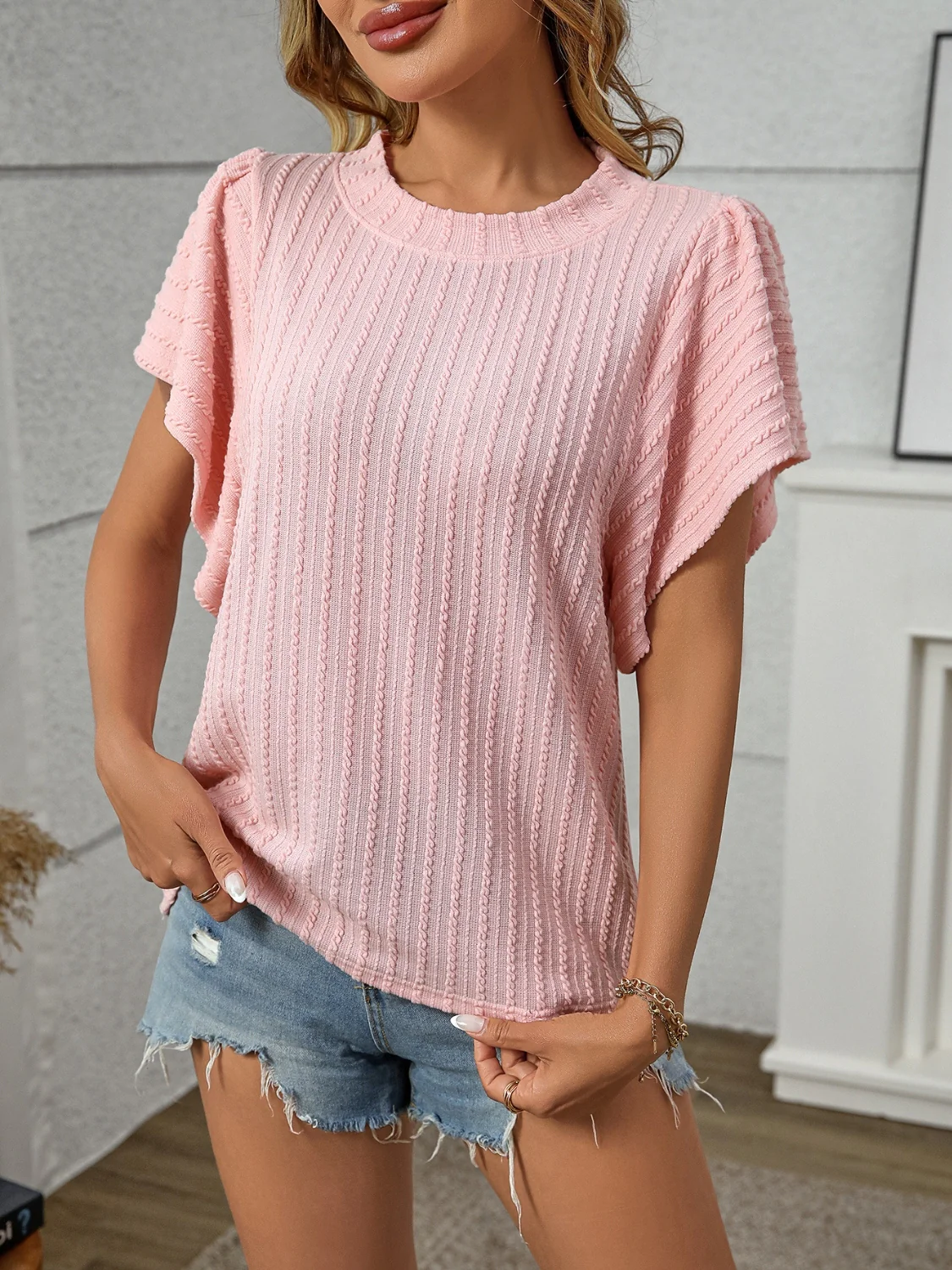 Textured Round Neck Short Sleeve Top - Image 2