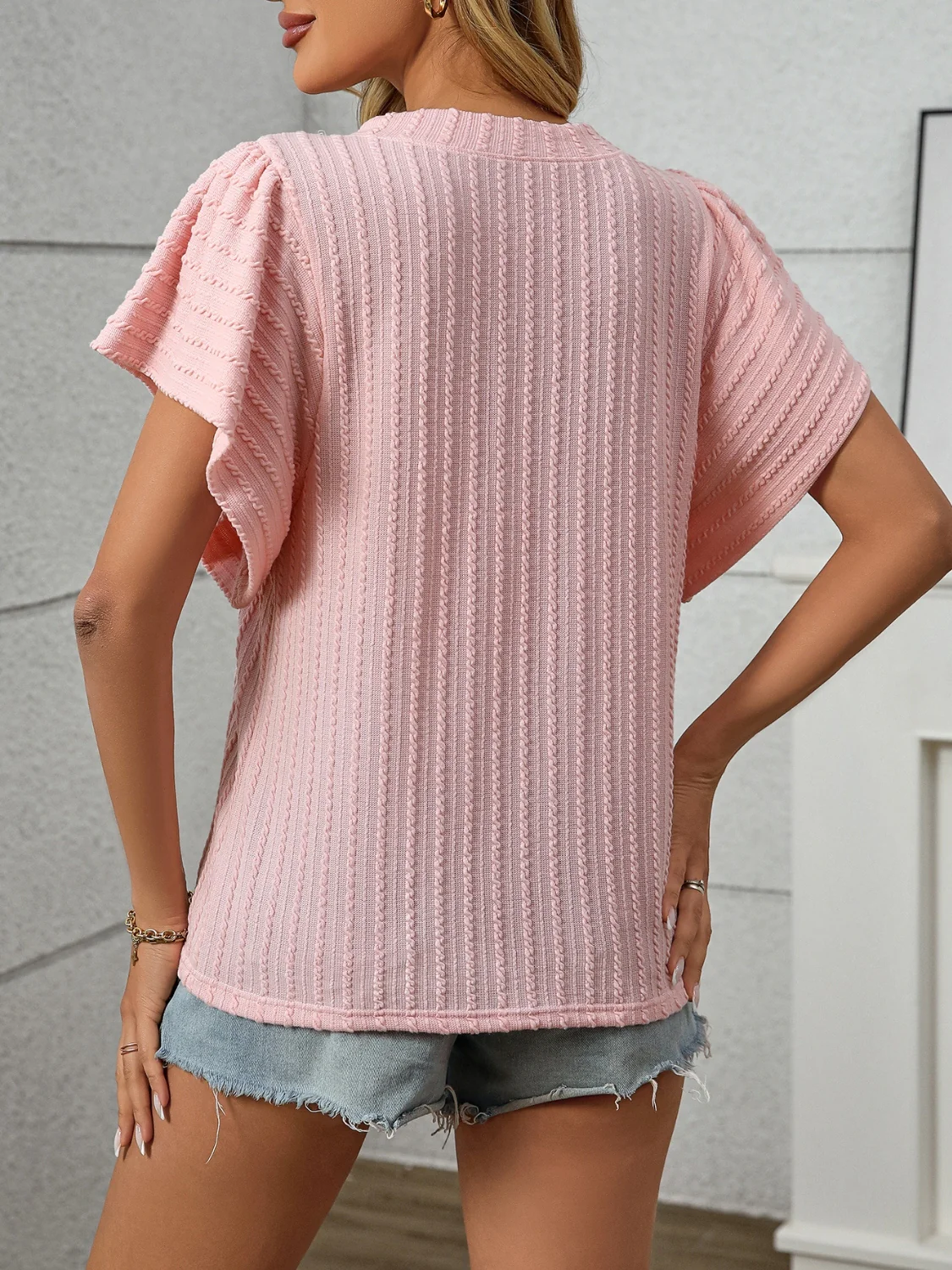 Textured Round Neck Short Sleeve Top - Image 4