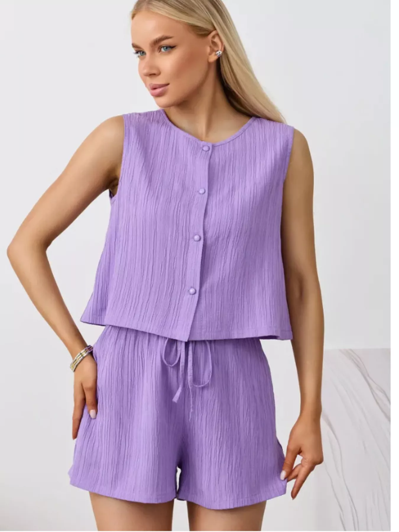 Textured Round Neck Tank and Shorts Set - Image 33