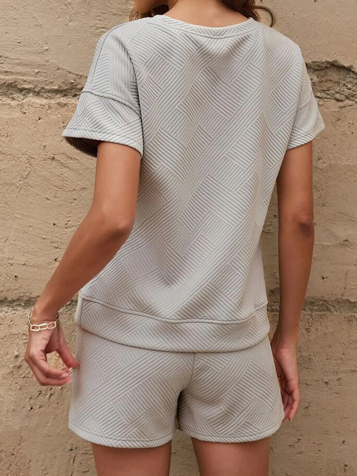 Textured Round Neck Top and Shorts Two-Piece Set - Image 3