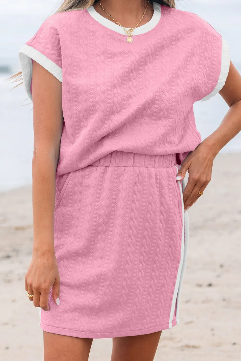 Textured Round Neck Top and Skirt Set - Image 2