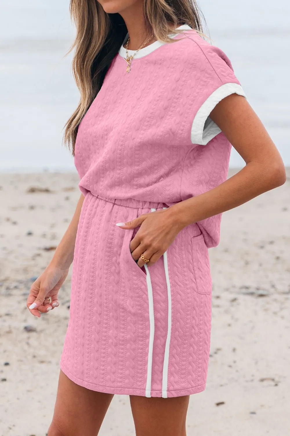 Textured Round Neck Top and Skirt Set - Image 4