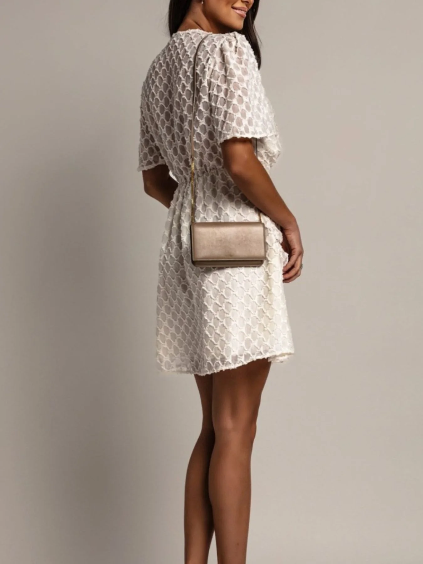 Textured Ruched Surplice Short Sleeve Dress - Image 4