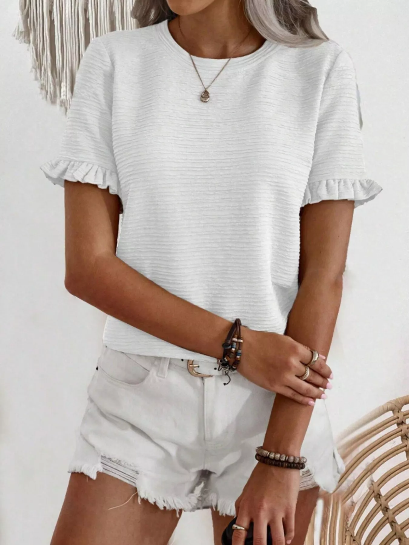 Textured Ruffle Sleeve Round Neck T-Shirt - Image 27