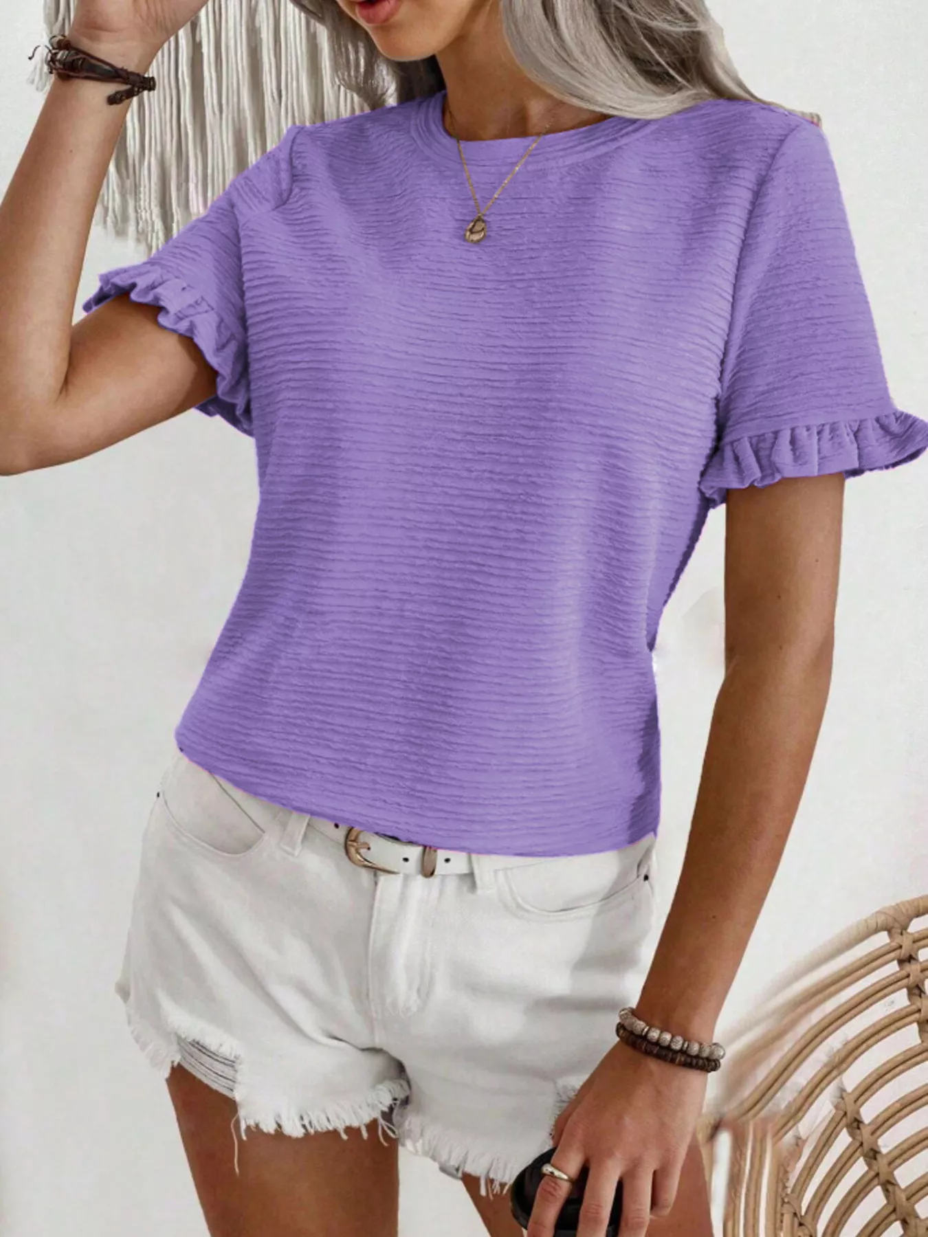 Textured Ruffle Sleeve Round Neck T-Shirt - Image 6