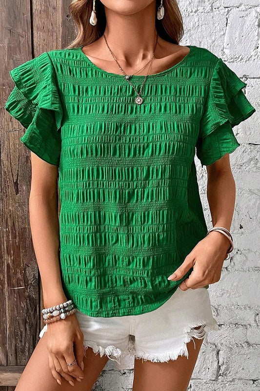 Textured Ruffled Sleeve Round Neck Top - Image 6