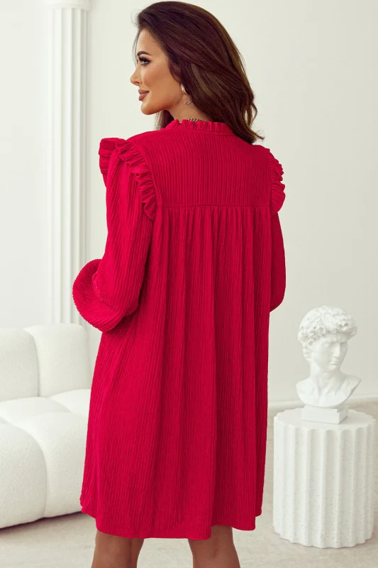 Textured Ruffled Trim V Neck Loose Fit Mini Dress - Image 4