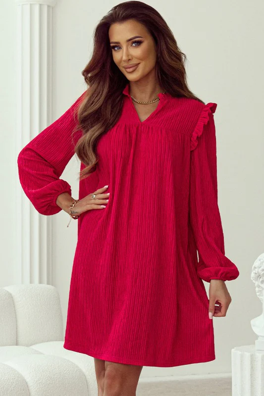 Textured Ruffled Trim V Neck Loose Fit Mini Dress - Image 5