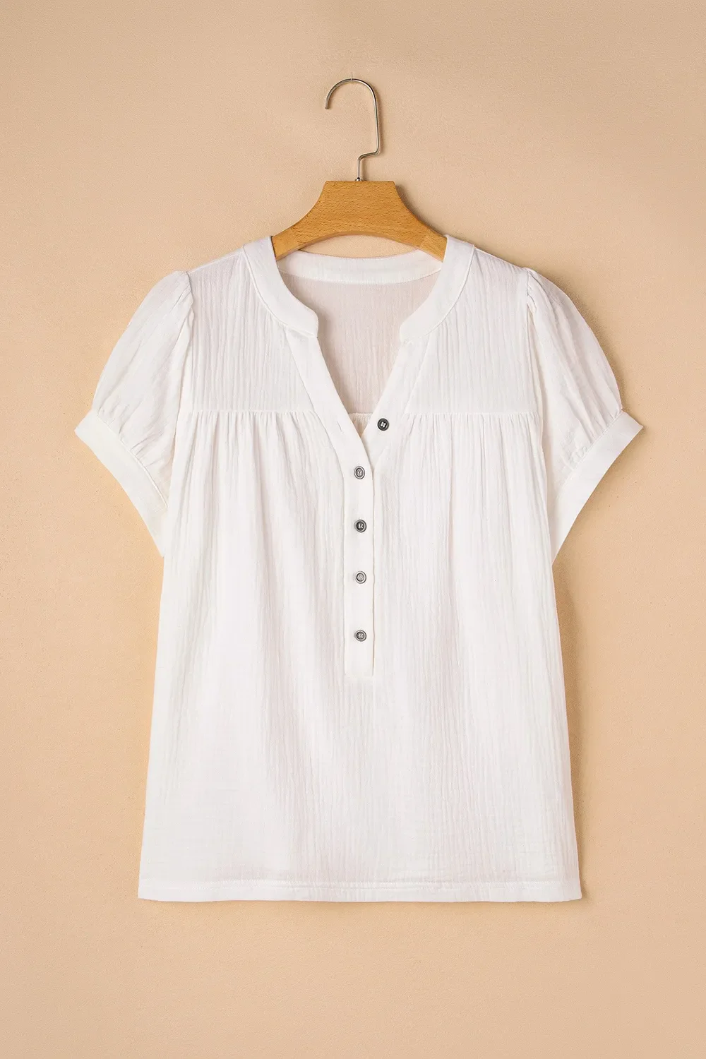 Textured Short Sleeve Buttons Frayed Blouse - Image 4