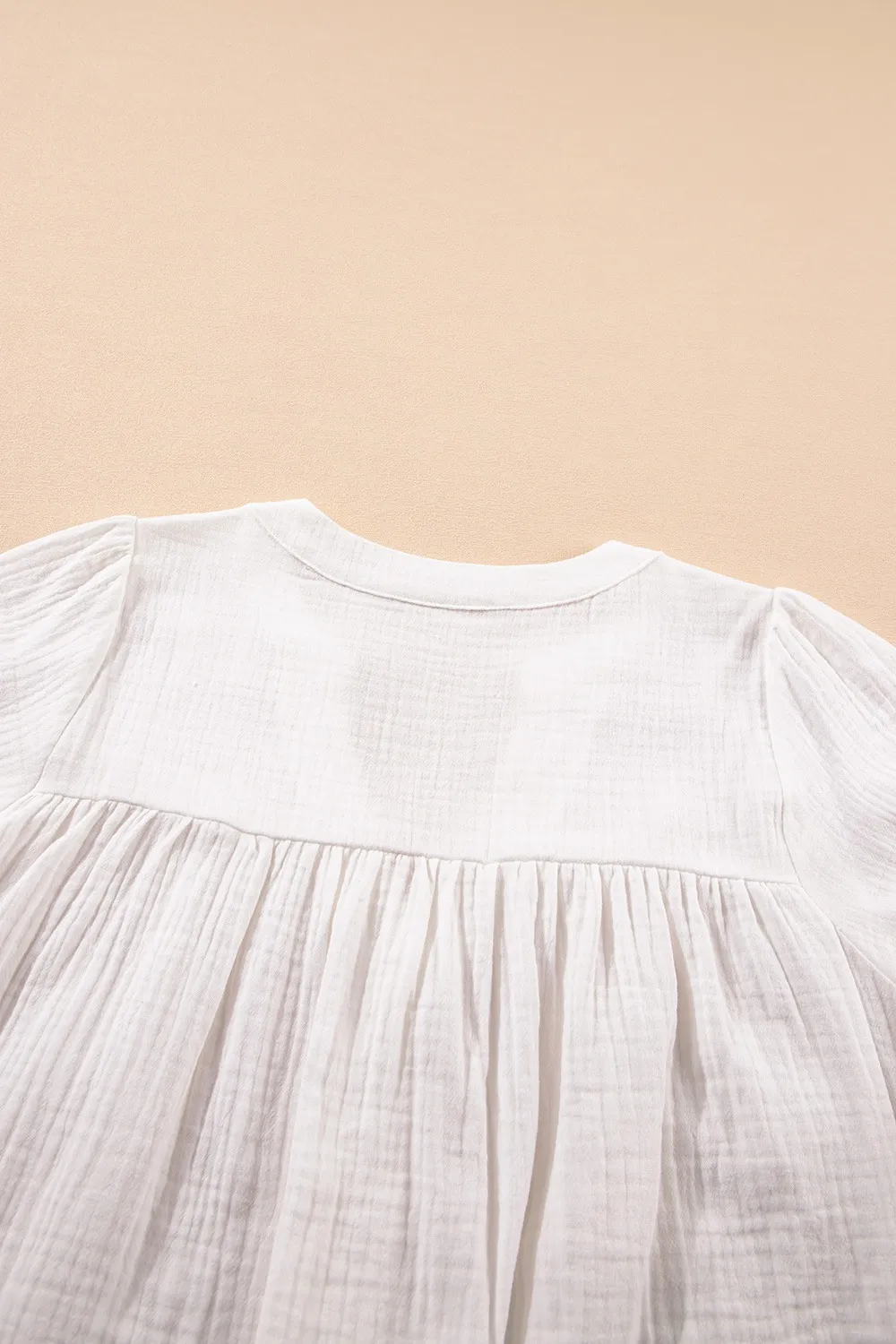 Textured Short Sleeve Buttons Frayed Blouse - Image 9