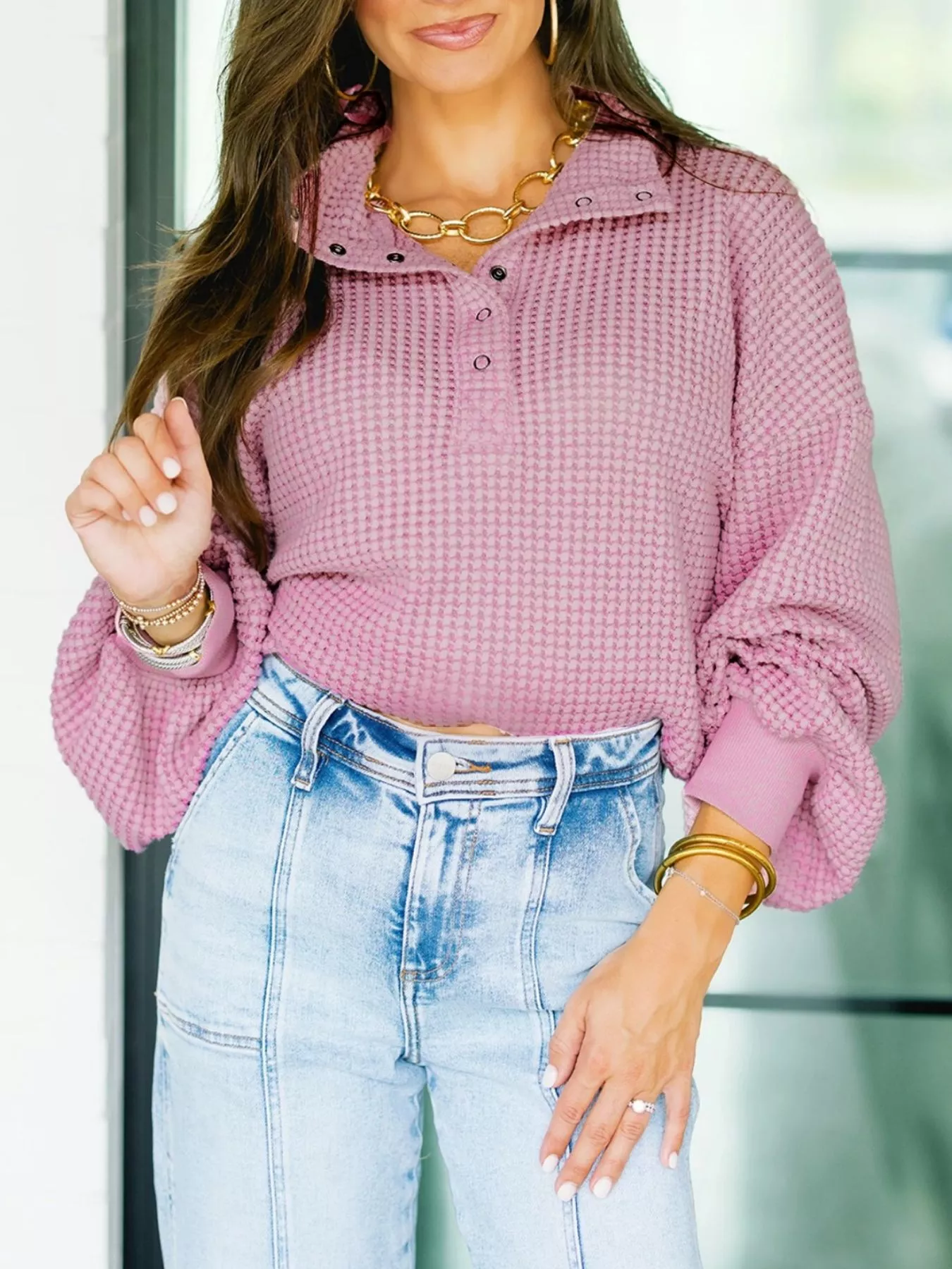 Textured Snap Button Collared Baggy Top - Image 2