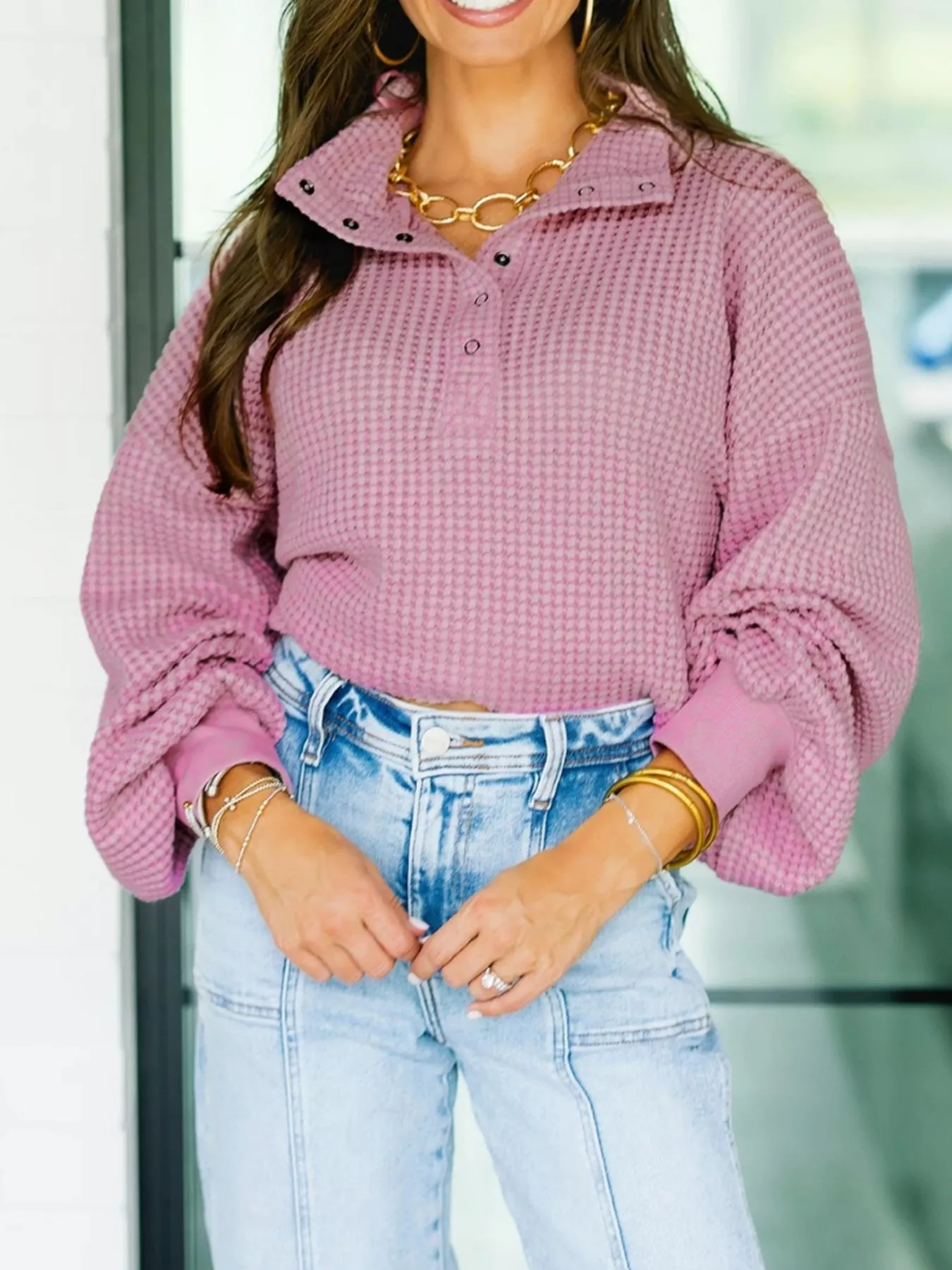 Textured Snap Button Collared Baggy Top - Image 3