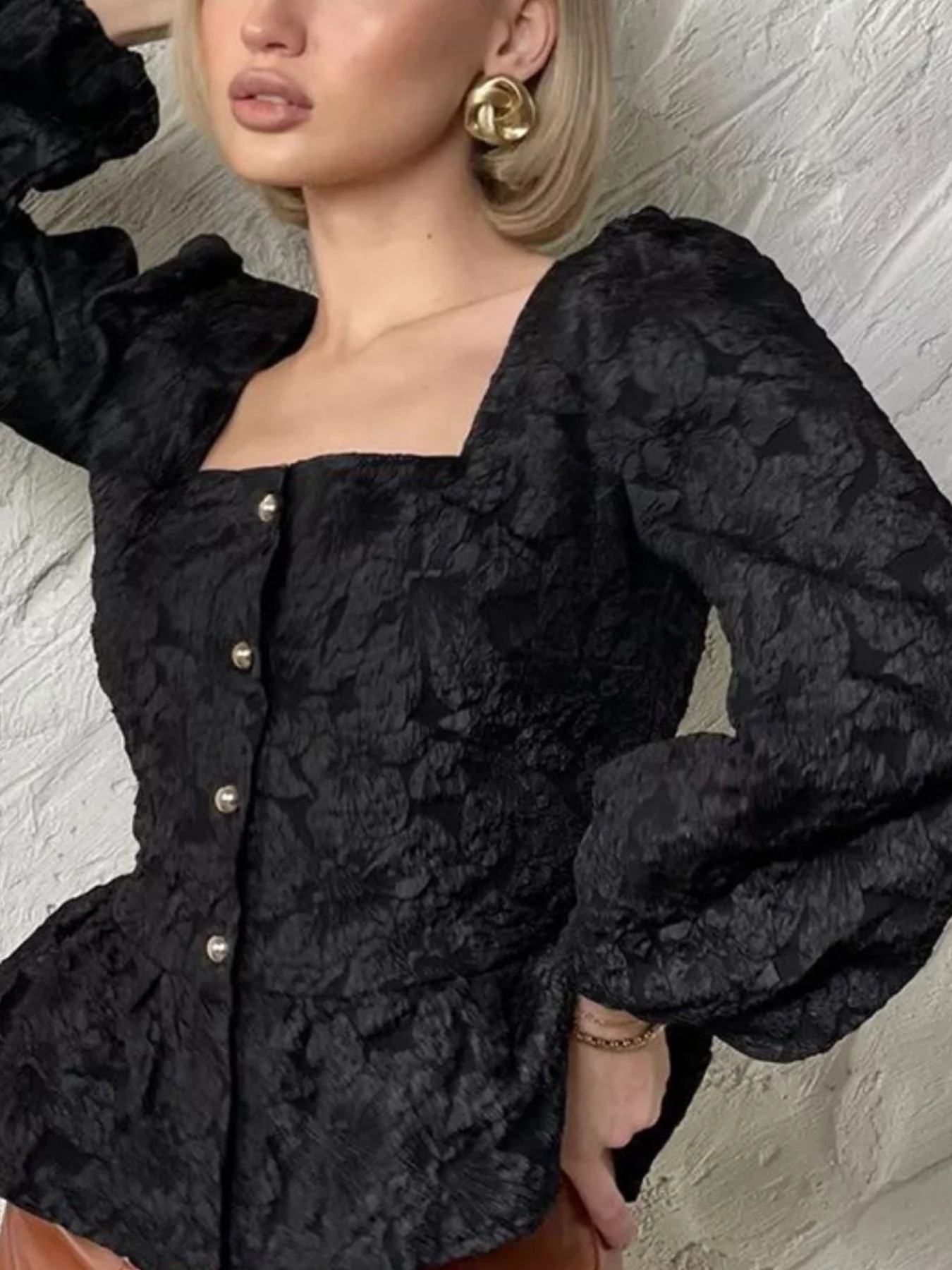 Textured Square Neck Balloon Sleeve Shirt - Image 11