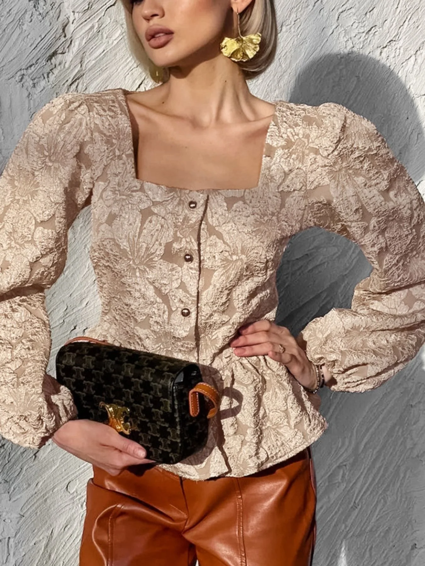 Textured Square Neck Balloon Sleeve Shirt - Image 2