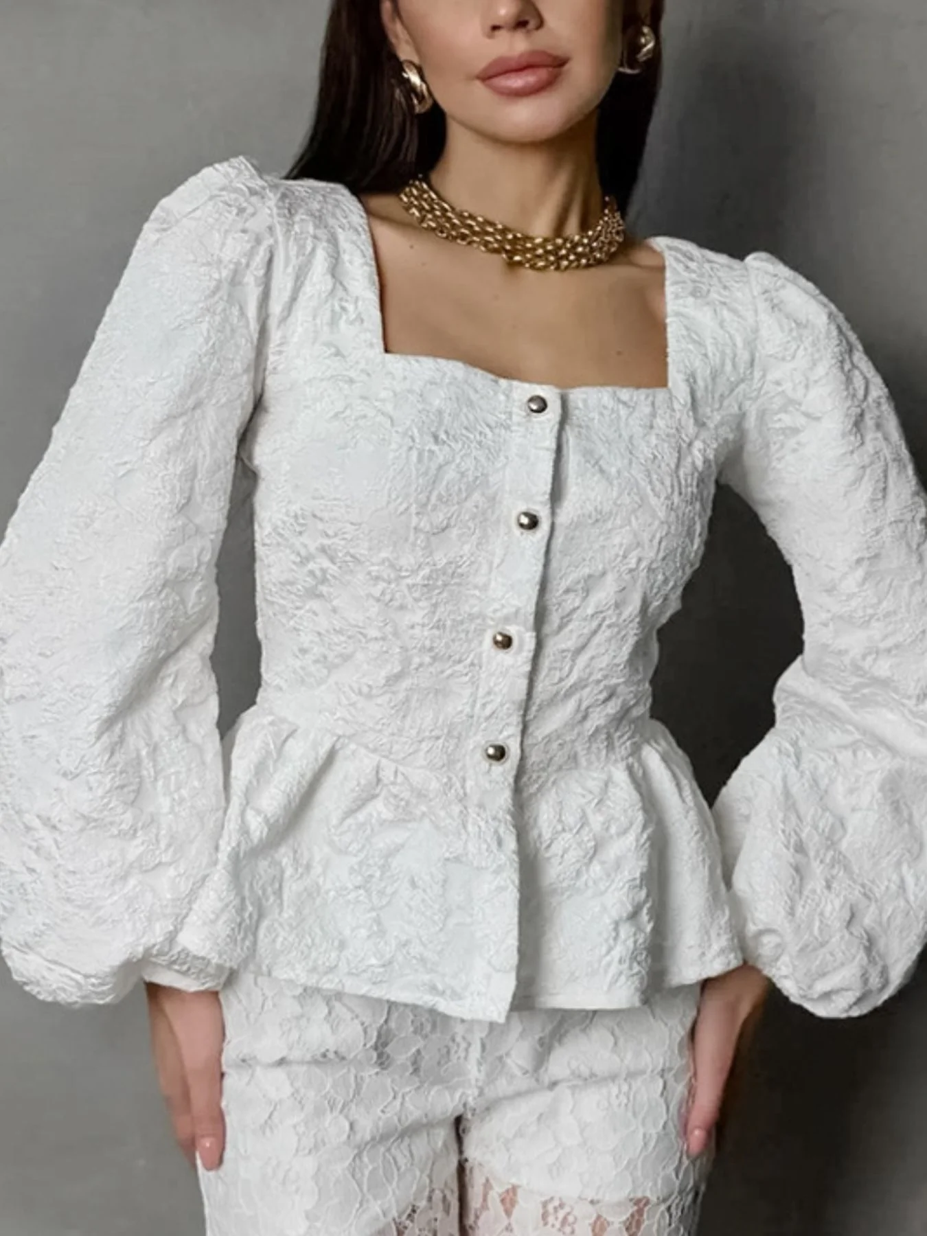 Textured Square Neck Balloon Sleeve Shirt - Image 4