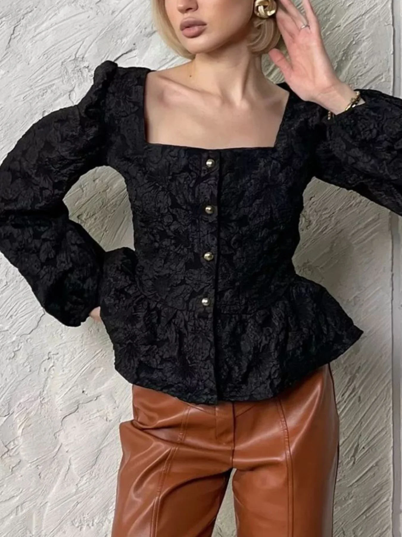 Textured Square Neck Balloon Sleeve Shirt - Image 8