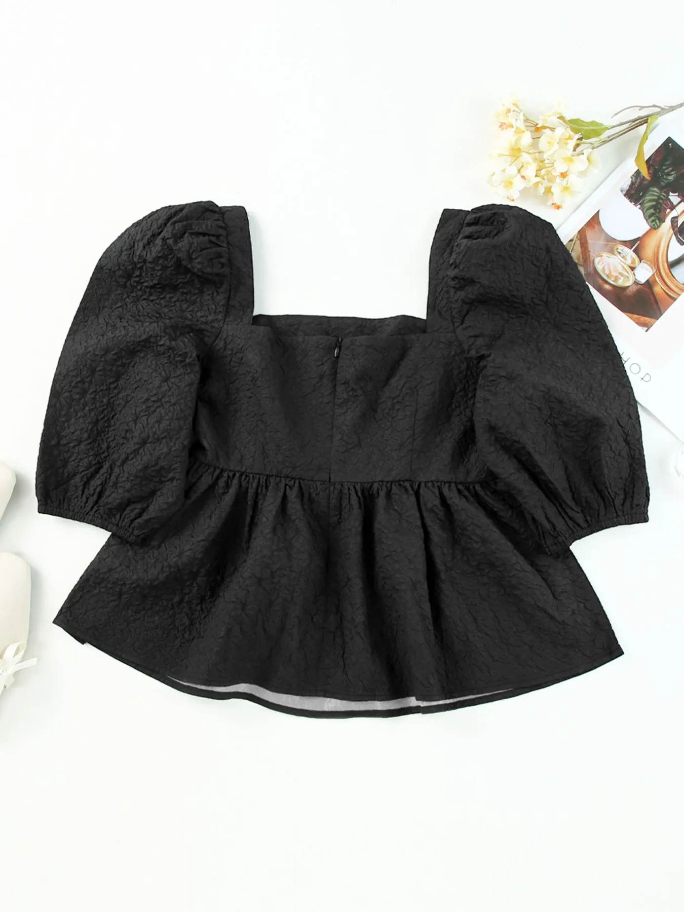 Textured Square Neck Puff Sleeve Peplum Blouse - Image 6