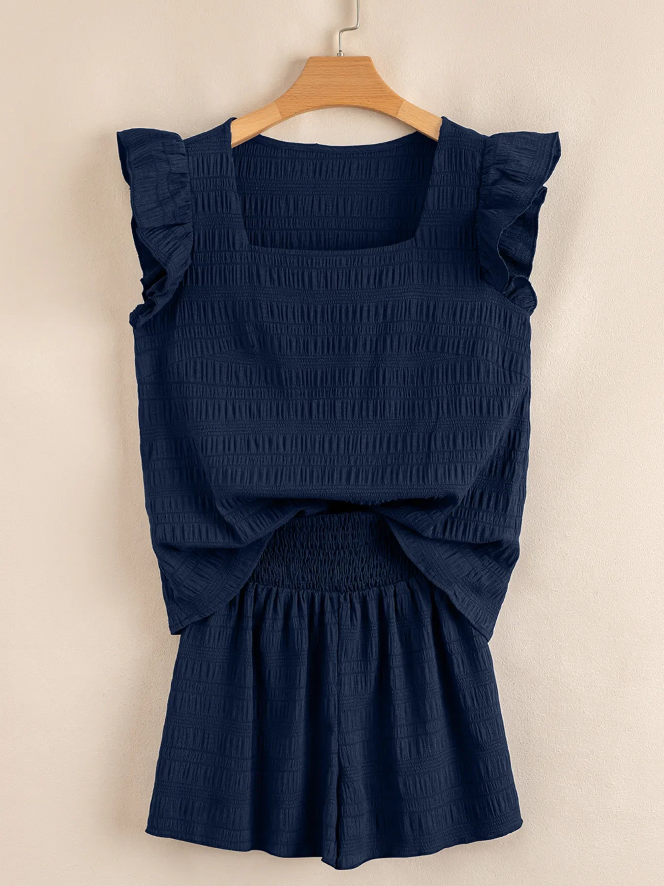 Textured Square Neck Top and Shirred High Waist Shorts Set - Image 2