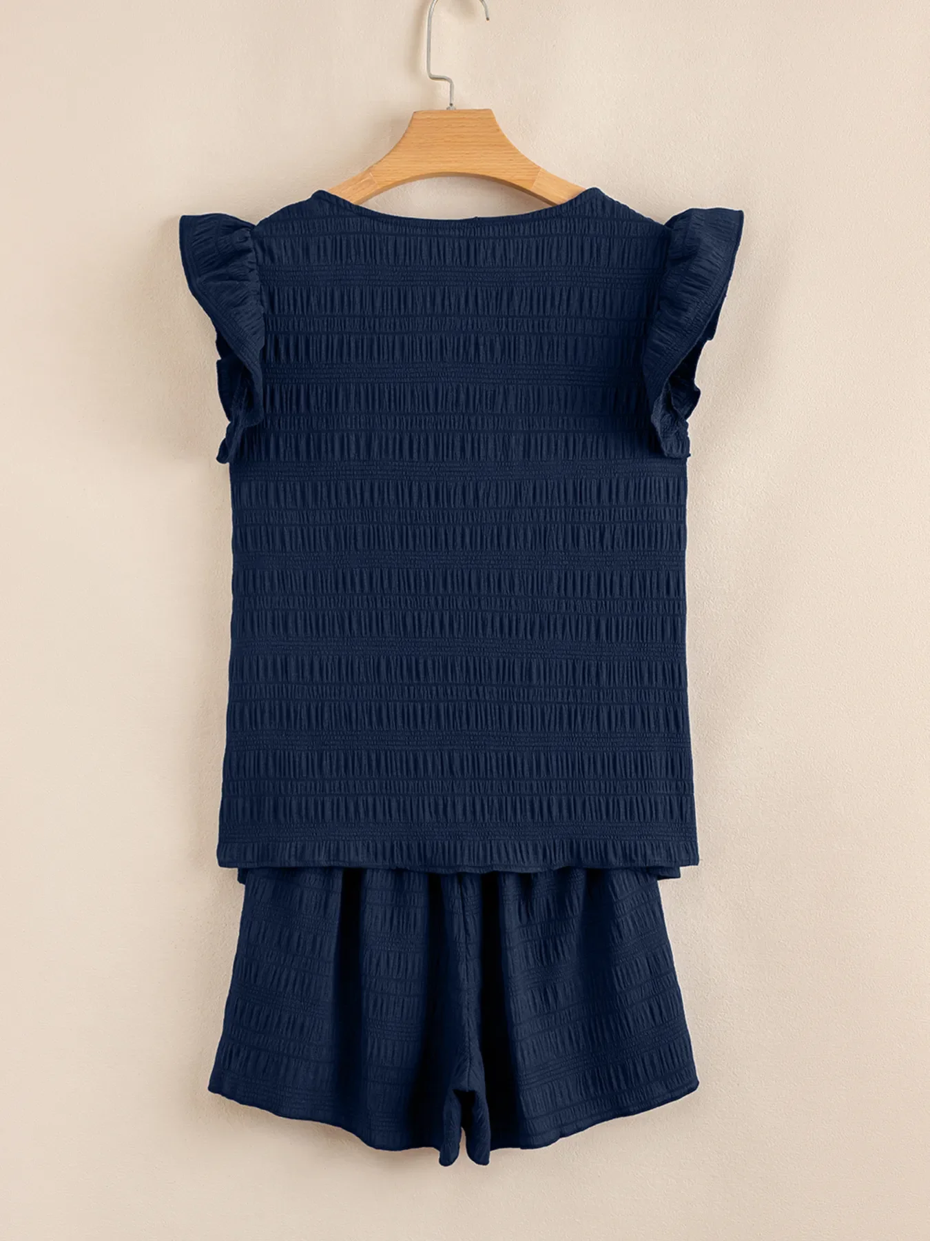 Textured Square Neck Top and Shirred High Waist Shorts Set - Image 3