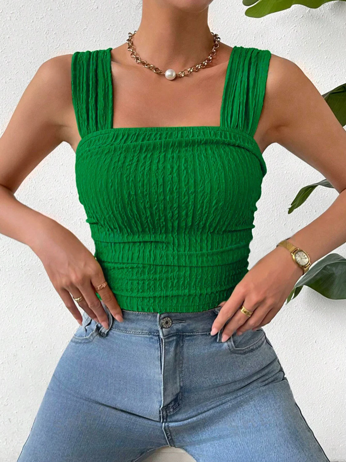 Textured Square Neck Wide Strap Tank - Image 16