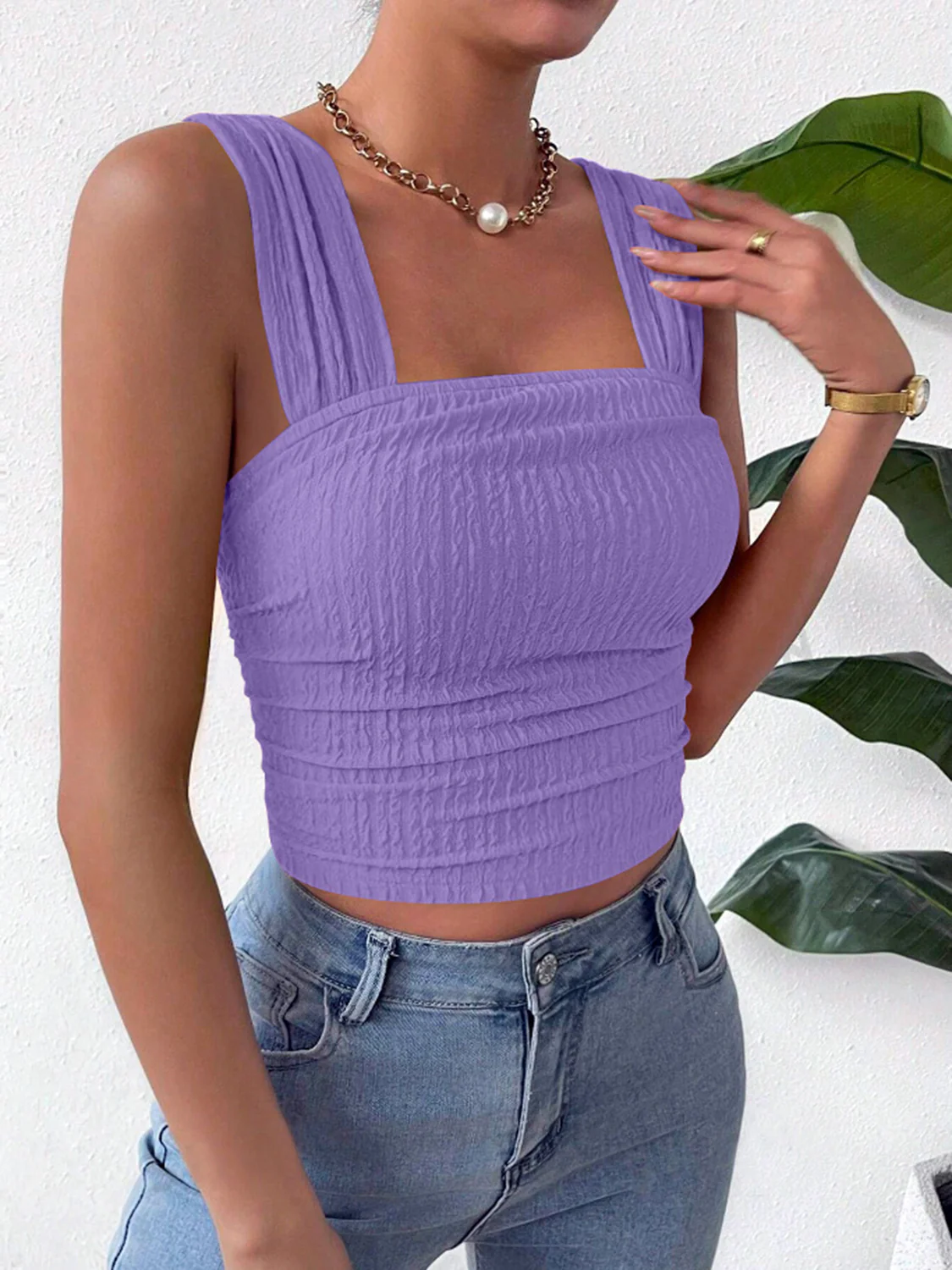 Textured Square Neck Wide Strap Tank - Image 33