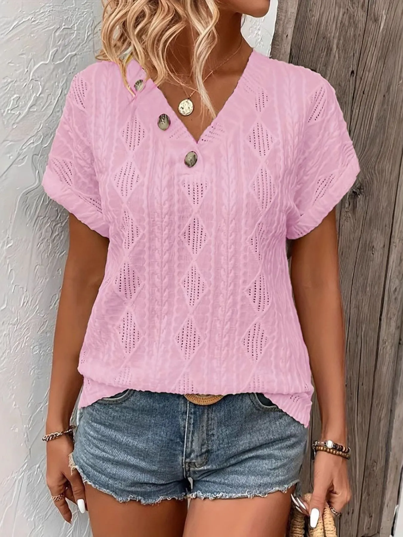 Textured V-Neck Short Sleeve Top - Image 10