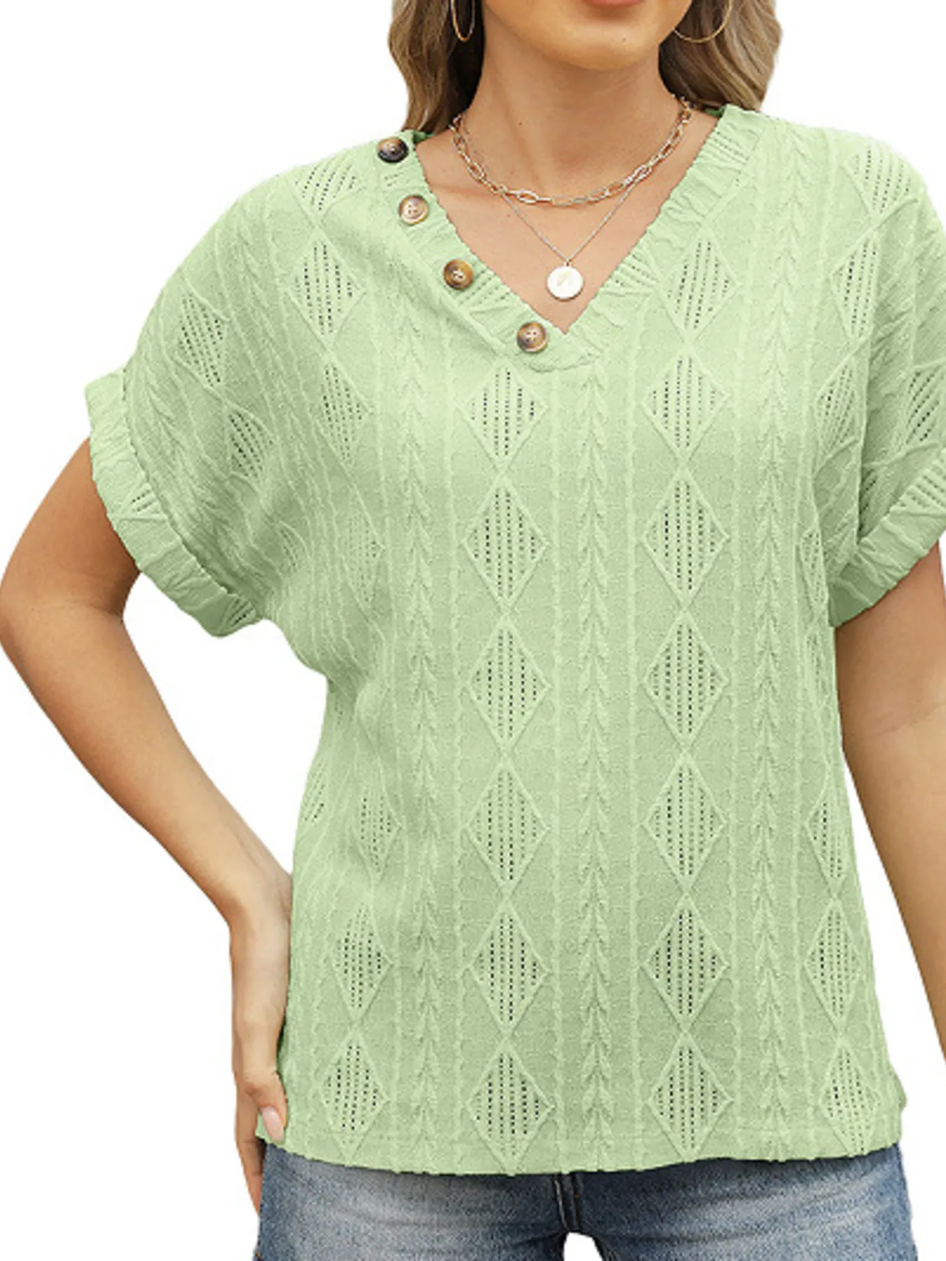 Textured V-Neck Short Sleeve Top - Image 23