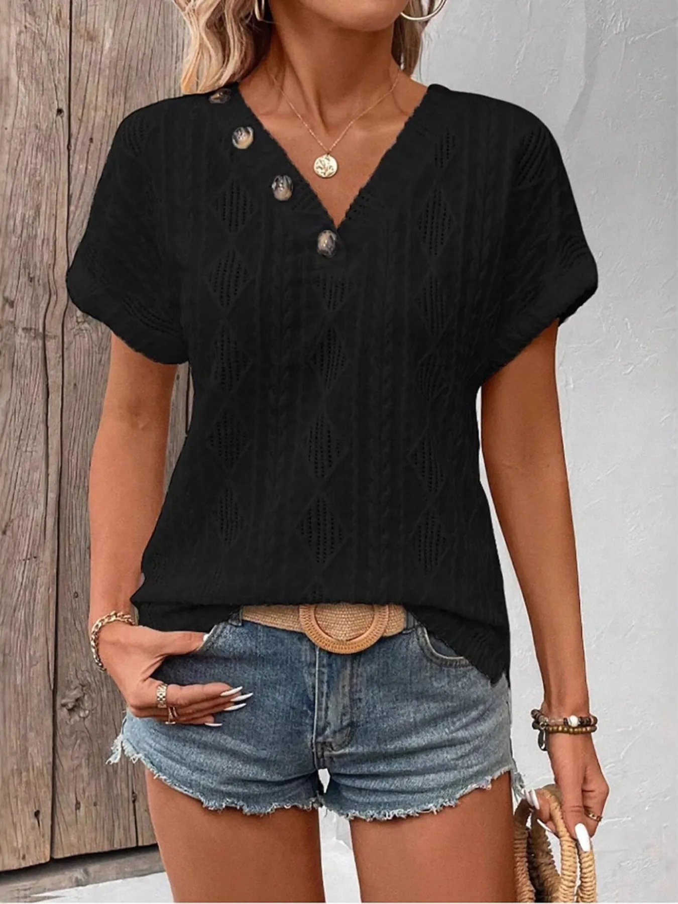 Textured V-Neck Short Sleeve Top - Image 24