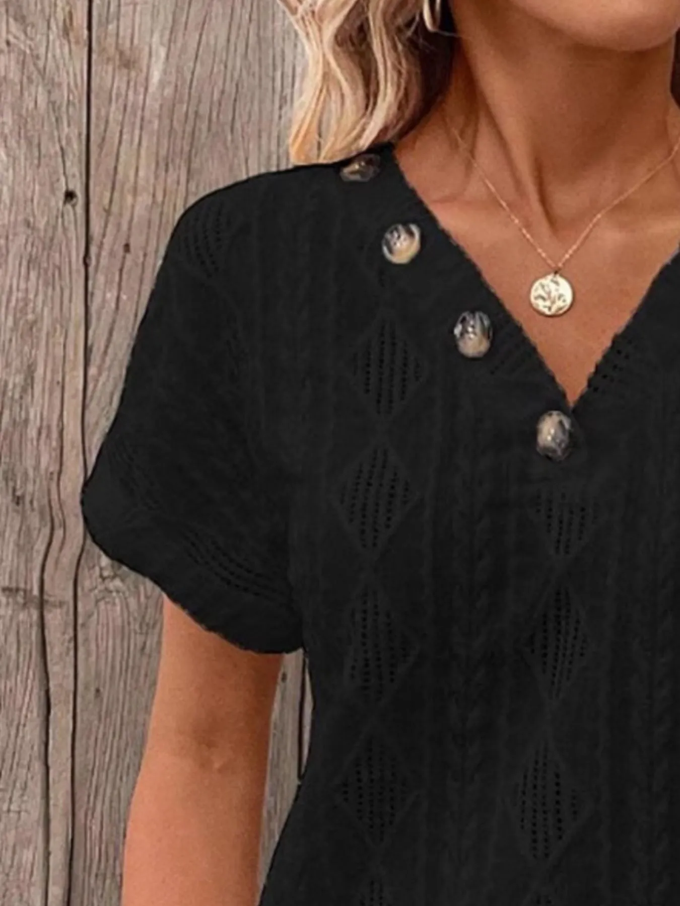 Textured V-Neck Short Sleeve Top - Image 5