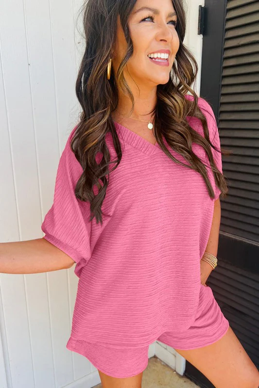 Textured V Neck T Shirt and Shorts Set - Image 6
