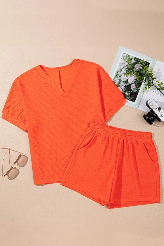 Textured V Neck T Shirt and Shorts Set - Image 19