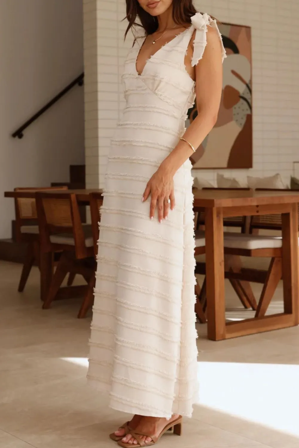Textured V-Neck Tie Shoulder Dress - Image 14