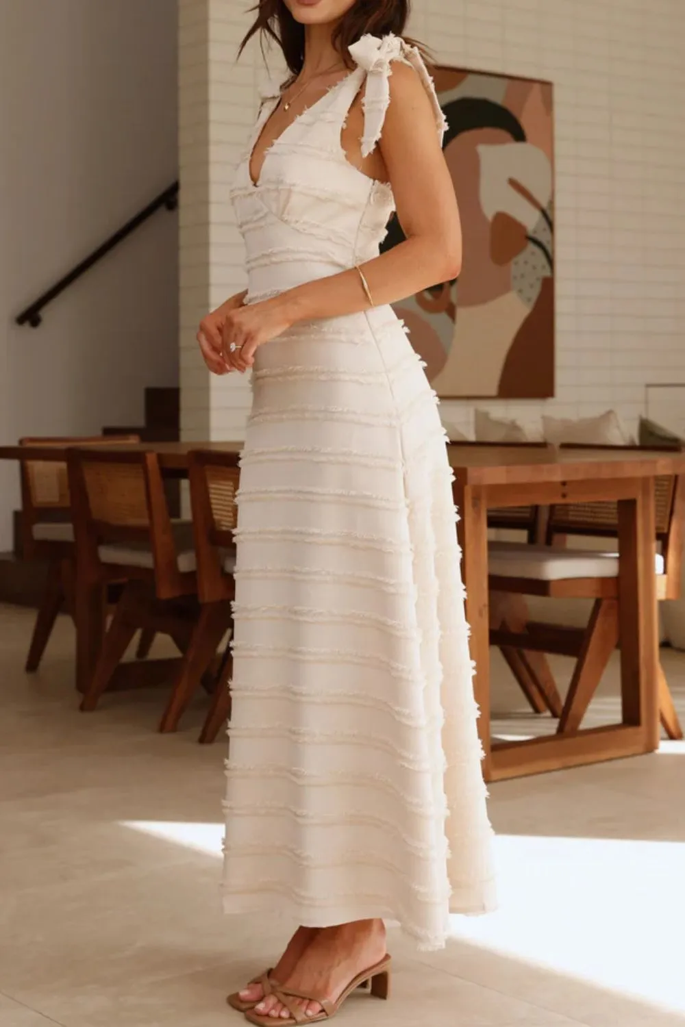Textured V-Neck Tie Shoulder Dress - Image 15